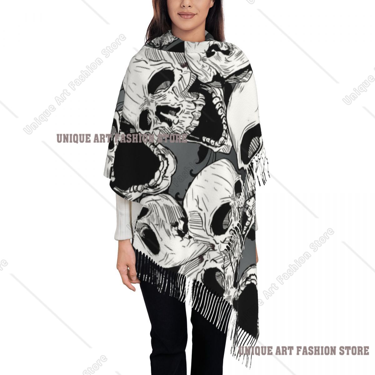 Pashmina Wrap Large - Kadınlar için Püsküllü Eşarp Ölüm Kafatası